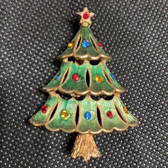 unknown Jewelry - Vintage gold /green Christmas tree with rhinestones brooch
